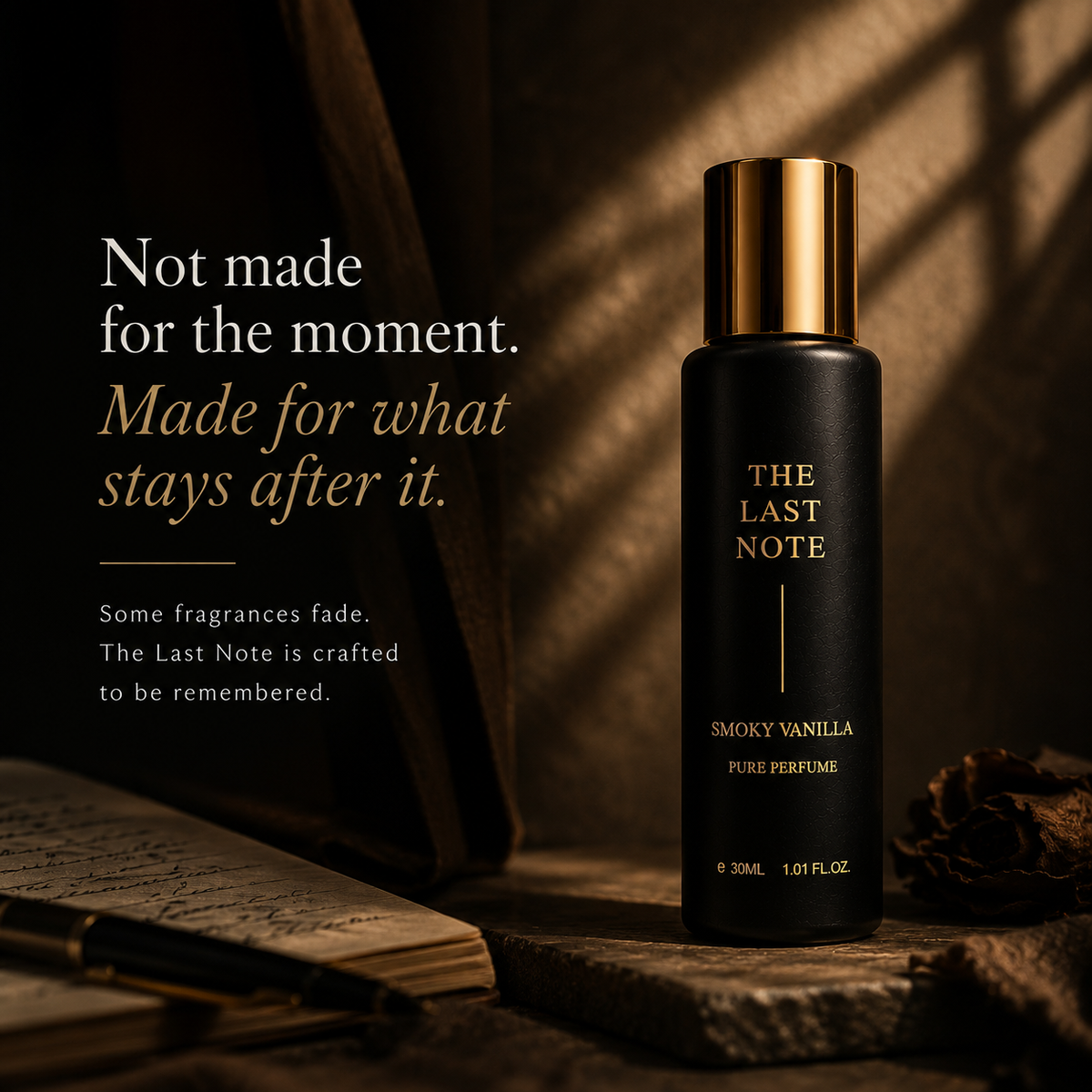 The Last Note Smoky Vanilla perfume bottle styled shot